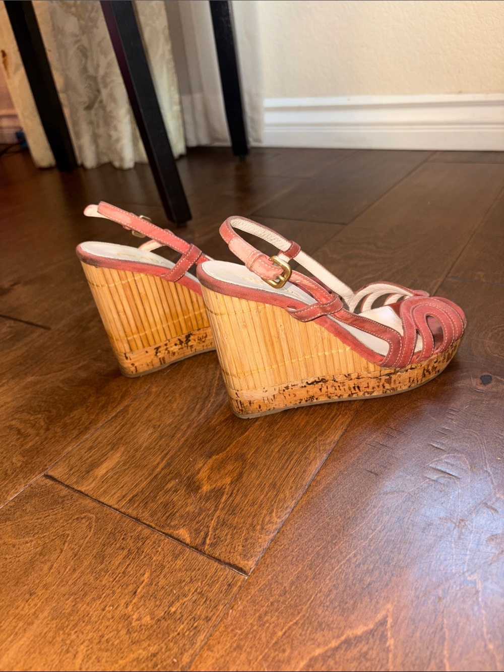 Prada Coral-Peach Leather Slingback Wedge Sandals - Picture 9 of 16
